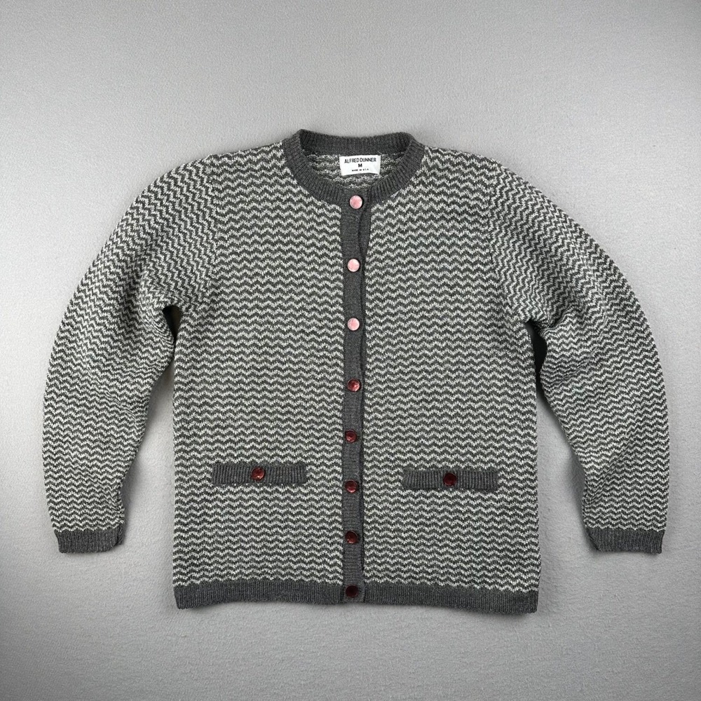 Alfred Dunner Cardigan Sweater Womens M Grey Chevron Zigzag Button Front USA